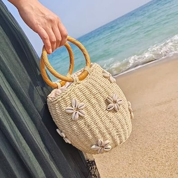 Neiman Marcus Rattan Floral Straw Beach Bucket Bag - Picture 1 of 4